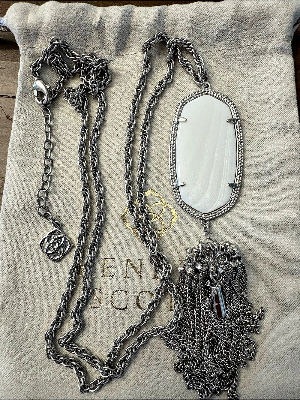 Kendra Scott Retired Rayne Mother of Pearl Rhodium Tassel Necklace
